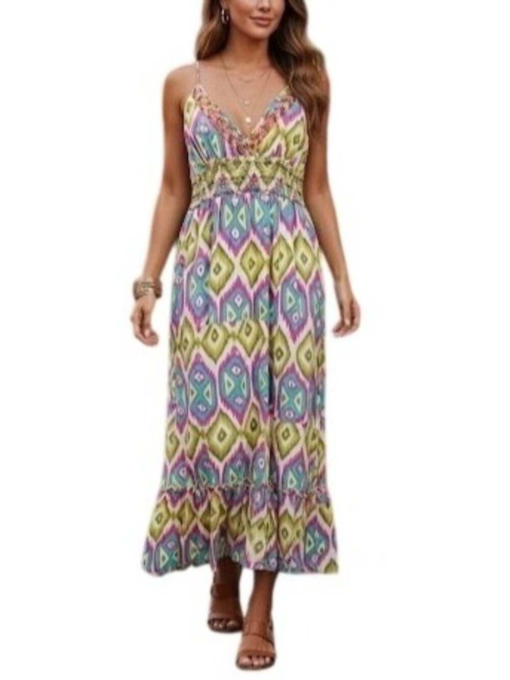 VTG Beaded Multicolored Empire Waist Maxi Dress M | Coastal Boho Mediterranean